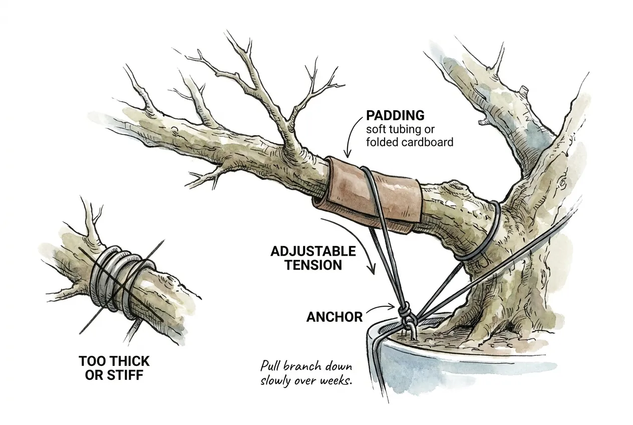 Padded guy wire tie-down bending a thick lignified branch
